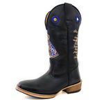 Bota Texana Masculina Couro Legítimo Látego Preto Bordado Nossa Senhora Aparecida Salto Carrapeta 