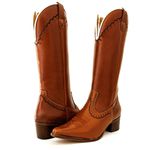 Bota Texana Feminina Country Couro Legítimo Bovino Látego Pinhão Bordado Correntinha