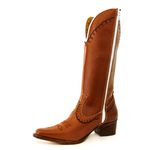 Bota Texana Feminina Country Couro Legítimo Bovino Látego Pinhão Bordado Correntinha