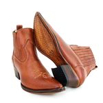Botina Country Masculina Bico Fino Couro Bovino Látego Pinhão Florão Bege Legítimo Vira Inteira