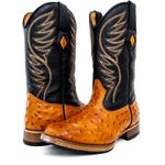 Bota Texana Masculina Cano Padrão Couro Bovino Legítimo Avestruz Laranja e Floater Preto Bordado Asa