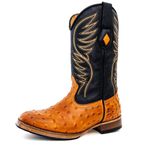 Bota Texana Masculina Cano Padrão Couro Bovino Legítimo Avestruz Laranja e Floater Preto Bordado Asa