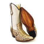 Bota Texana Masculina Bico Fino Couro Exótico Pithon Natural e Off White 