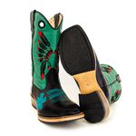 Bota Texana Masculina Cano Padrão Couro Legítimo Látego Preto e Fly Verde Salto Carrapeta