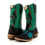 Bota Texana Masculina Cano Padrão Couro Legítimo Látego Preto e Fly Verde Salto Carrapeta