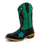 Bota Texana Masculina Cano Padrão Couro Legítimo Látego Preto e Fly Verde Salto Carrapeta