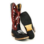 Bota Texana Masculina Couro Legítimo Bovino Tubarão Preto Fóssil Vinho Bordado Cocar Salto Carrapeta 