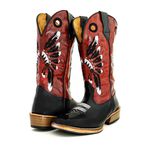Bota Texana Masculina Couro Legítimo Bovino Tubarão Preto Fóssil Vinho Bordado Cocar Salto Carrapeta 