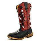 Bota Texana Masculina Couro Legítimo Bovino Tubarão Preto Fóssil Vinho Bordado Cocar Salto Carrapeta 