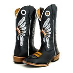 Bota Texana Masculina Couro Legítimo Bovino Látego Preto Bordado Cocar Salto Carrapeta 