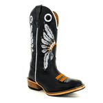 Bota Texana Masculina Couro Legítimo Bovino Látego Preto Bordado Cocar Salto Carrapeta 