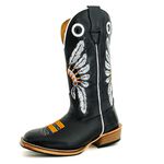 Bota Texana Masculina Couro Legítimo Bovino Látego Preto Bordado Cocar Salto Carrapeta 
