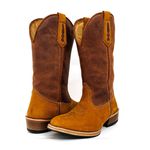 Bota Texana Masculina Couro Legítimo Crazy Horse Sela E Nobuck Castor Salto Carrapeta 