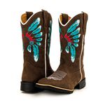Bota Texana Masculina Cano Padrão Couro Bovino Legítimo Látego Mustang Café Bordado Cocar Solado Borracha