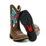 Bota Texana Masculina Cano Padrão Couro Bovino Legítimo Látego Mustang Café Bordado Cocar Solado Borracha