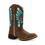 Bota Texana Masculina Cano Padrão Couro Bovino Legítimo Látego Mustang Café Bordado Cocar Solado Borracha