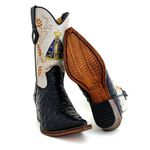 Bota Texana Masculina Bico Fino Couro Bovino Legítimo Avestruz Preto e Off White 