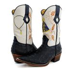 Bota Texana Masculina Bico Fino Couro Bovino Legítimo Avestruz Preto e Off White 