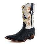 Bota Texana Masculina Bico Fino Couro Bovino Legítimo Avestruz Preto e Off White 