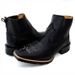 Botina Masculina Bico Quadrado Couro Bovino Legítimo Látego Preto Florão Branco 