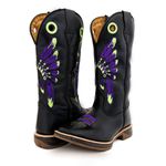 Bota Texana Masculina Couro Legítimo Látego Preto Bordado Cocar Solado Jump