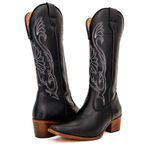 Bota Texana Feminina Country Couro Legítimo Bovino Látego Preto Bordado Linha