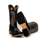Bota Texana Masculina Couro Legítimo Látego Preto Bordado Boi Salto Carrapeta