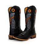 Bota Texana Masculina Couro Legítimo Látego Preto Bordado Boi Salto Carrapeta