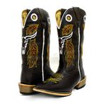 Bota Texana Masculina Couro Legítimo Floater Café Bordado Boi Salto Carrapeta 