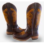 Bota Texana Masculina Couro Legítimo Floater Café Bordado Linha Laranja Salto Carrapeta