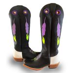 Bota Texana Masculina Couro Legítimo Bovino Látego Preto e Branco Bordado Pena Salto Carrapeta