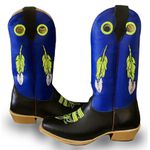 Bota Texana Masculina Couro Legítimo Bovino Látego Preto e Fly Azul Bordado Pena Salto Carrapeta