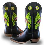 Bota Texana Masculina Couro Legítimo Bovino Látego Preto Bordado Cocar Verde Salto Carrapeta