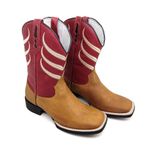 Bota Masculina Bico Quadrado Texana Couro Conhaque e Vermelho