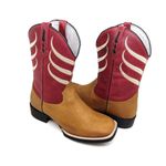 Bota Masculina Bico Quadrado Texana Couro Conhaque e Vermelho