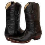 Bota Country Texana Masculina Bico Fino Couro Anaconda Preto e Floater Preto Liso