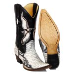 Bota Texana Masculina Bico Fino Couro Anaconda PB Branco e Preto e Floater Preto