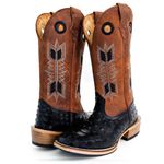 Bota Texana Masculina Couro Legítimo Bovino Avestruz Preto Crazy Horse Sela Flecha Solado Carrapeta 