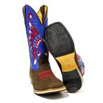 Bota Texana Masculina Couro Legítimo Mustang Café e Fly Azul Cocar Vermelho