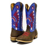 Bota Texana Masculina Couro Legítimo Mustang Café e Fly Azul Cocar Vermelho
