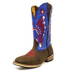 Bota Texana Masculina Couro Legítimo Mustang Café e Fly Azul Cocar Vermelho