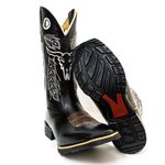 Bota Texana Masculina Cano Padrão Couro Bovino Legítimo Látego Preto Bordado Boi Branco