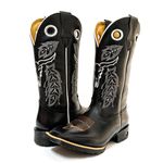 Bota Texana Masculina Cano Padrão Couro Bovino Legítimo Látego Preto Bordado Boi Branco