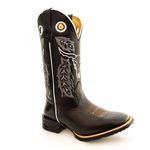 Bota Texana Masculina Cano Padrão Couro Bovino Legítimo Látego Preto Bordado Boi Branco