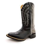 Bota Texana Masculina Cano Padrão Couro Bovino Legítimo Látego Preto Bordado Linha