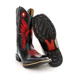 Bota Texana Masculina Cano Padrão Couro Bovino Legítimo Látego Preto Cocar Vermelho