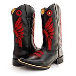 Bota Texana Masculina Cano Padrão Couro Bovino Legítimo Látego Preto Cocar Vermelho