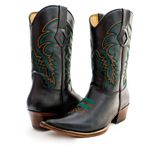 Bota Texana Masculina Bico Fino Couro Bovino Legítimo Látego Preto Bordado Raio 