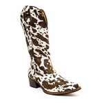 Bota Texana Feminina Country Couro Legítimo Bovino Pelo Holandês Pintado Chocolate e Branco 