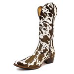 Bota Texana Feminina Country Couro Legítimo Bovino Pelo Holandês Pintado Chocolate e Branco 